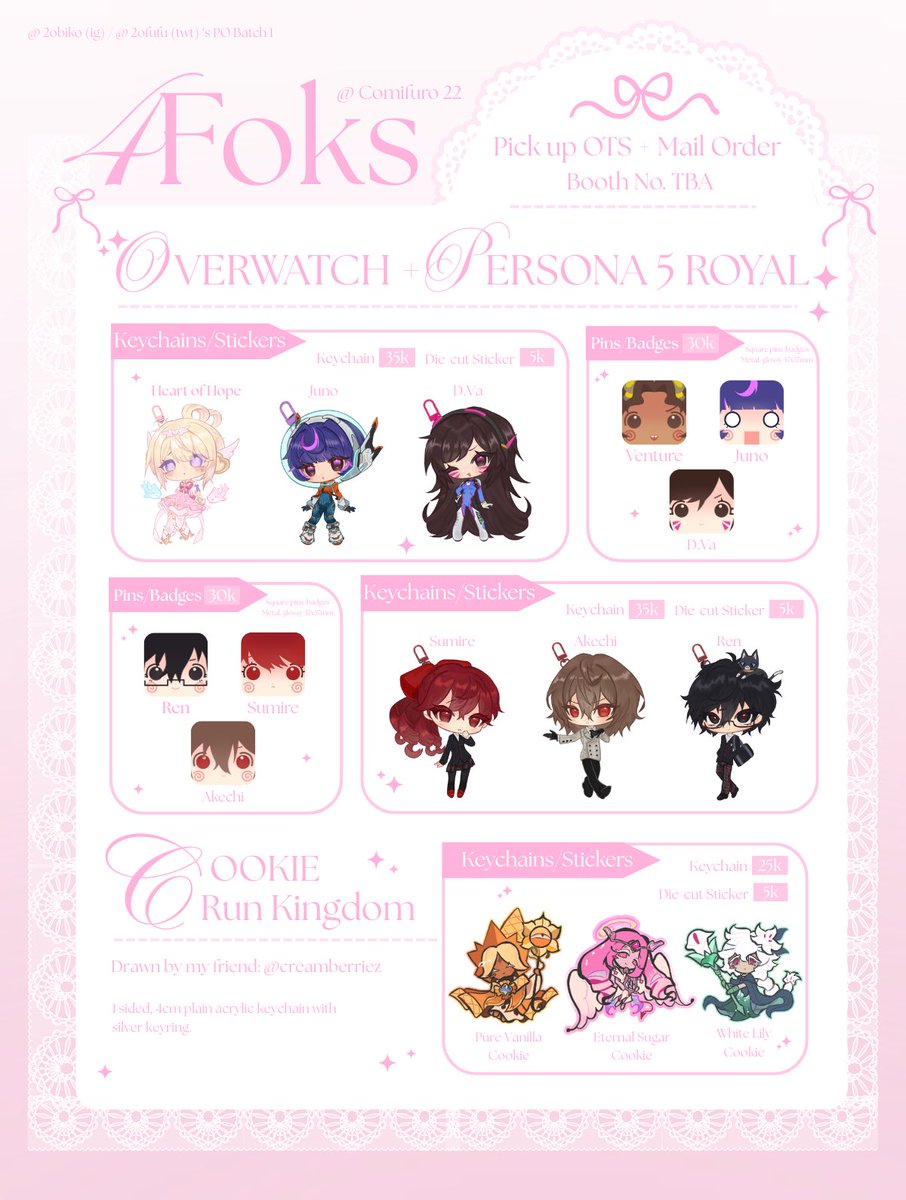 2ofufu's tweet photo. [ 🩷 + 🔁 appreciated! ]
my #cf22 batch 2 PO is open!

🗓️ 10 may - 15 may
💌 pick up (both days), local mail order and OTS
📍 4Foks booth no. K-44b
🪽overwatch, NSO, CRK, persona 5 royal

GOs please DM first!
🔗 https://t.co/6goqBifAg0
#cf22catalogue #comifuro22 https://t.co/XZ4HXAJy2b