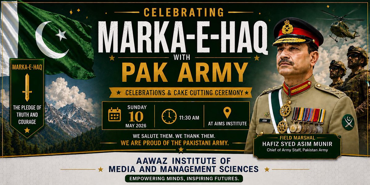 AIMSoffical's tweet photo. A Day of Pride, Honor &amp; Patriotism 
📅 Sunday, 10 May 2026
📍 AIMS Institute
“We salute them. We thank them. We are proud of the Pakistan Army.”

#MarkEHaq #PakistanArmy #PakArmy #AIMSInstitute #ISPR #PakistanZindabad #PrideOfNation #AIMS 
 #PrideOfNationFMAsimMunir https://t.co/lP8F4Eq29P