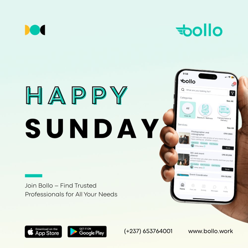 bollo_work's tweet photo. ☀️ Happy Sunday, Cameroon! Relax today, Bollo’s got your service needs covered anytime. Tap, book, and enjoy your day! 
#HappySunday #BolloCare #SundayVibes #RelaxWithBollo #CameroonServices #BolloApp https://t.co/fMJsa89Ny6