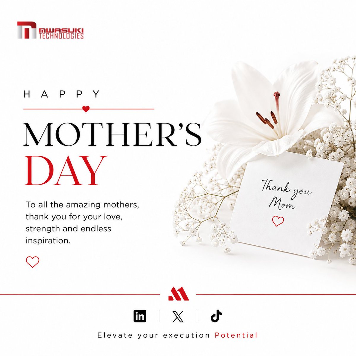 MwasukiTech's tweet photo. Happy Mother’s Day to all the incredible mothers Today, we celebrate you. ❤️

#HappyMothersDay #MwasukiTechnologies #CelebrateMothers #Innovation https://t.co/AzOGQCgdEb