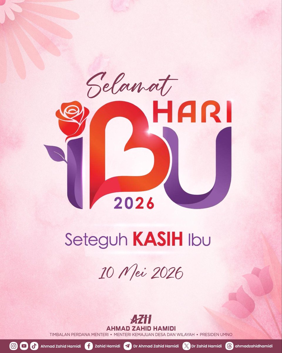 DrZahidHamidi's tweet photo. 𝐒𝐞𝐭𝐞𝐠𝐮𝐡 𝐊𝐚𝐬𝐢𝐡 𝐈𝐛𝐮, 𝐓𝐢𝐚𝐝𝐚 𝐆𝐚𝐧𝐭𝐢𝐧𝐲𝐚

Di sebalik kekuatan dan keteguhan sesebuah keluarga, ada seorang wanita yang tidak pernah berhenti berkorban. Dalam diamnya ada doa yang tidak putus.. dalam lelahnya ada kasih yang tidak pernah berkurang.

Begitulah besarnya kasih seorang ibu.

Bersempena Sambutan Hari Ibu 2026 hari ini, saya ingin merakamkan penghargaan setulusnya buat seluruh ibu di Malaysia. Anda semua adalah wanita luar biasa.. wanita besi yang sentiasa kuat menghadapi segala cabaran demi anak-anak dan keluarga tercinta.

Selamat Hari Ibu juga saya titipkan buat Allahyarhamah ibu saya yang sentiasa ada dalam doa dan ingatan, buat isteri tercinta yang menjadi ibu kepada anak-anak kami, serta ibu-ibu kepada cucu-cucu saya yang banyak mencurahkan kasih sayang dan pengorbanan kepada keluarga.

Doa seorang ibu itu sangat besar nilainya. Dalam setiap langkah kehidupan kita, ada doa dan restu mereka yang sentiasa mengiringi.

Hargailah ibu kita selagi masih ada di sisi. Luangkan masa untuk mereka, peluk mereka dan ucapkan terima kasih atas segala pengorbanan yang tidak pernah mampu dibalas sepenuhnya.

Buat ibu-ibu yang telah pergi menghadap ilahi, kirimkanlah doa dan al-Fatihah buat mereka. Sesungguhnya, seteguh kasih seorang ibu itulah yang menjadi kekuatan dalam membina keluarga yang bahagia, melahirkan generasi yang berjaya dan membentuk masyarakat yang penuh nilai serta kasih sayang.

Selamat Hari Ibu 2026 buat semua wanita hebat di Malaysia.

#HariIbu2026
#SeteguhKasihIbu