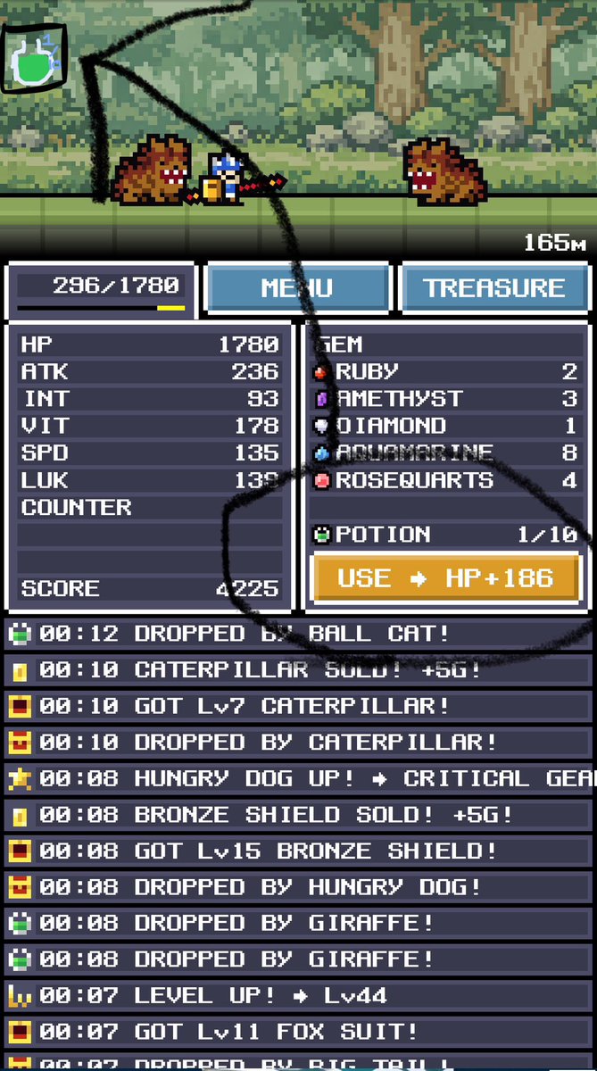 0palScales's tweet photo. @moitititi Oh, in addition if it is not too much, please add a potion button to the screen somewhere, maybe like this if you consider it? Being able to heal without backing up will make gameplay feel better and smoother ✨ https://t.co/D0umKwPqsi