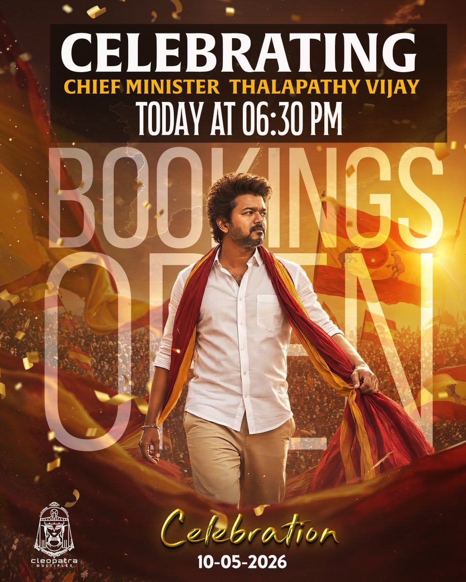 CleopatraMultip's tweet photo. A Leader.
A Revolution.
The Chief Minister of Tamil Nadu. 🔥
Celebrating Thalapathy Vijay today at 06:30 PM 💥
#ChiefMinisterVijay #CMVijay #ThalapathyVijay #TVK #CleopatraMultiplex https://t.co/pZB4DBBfXg