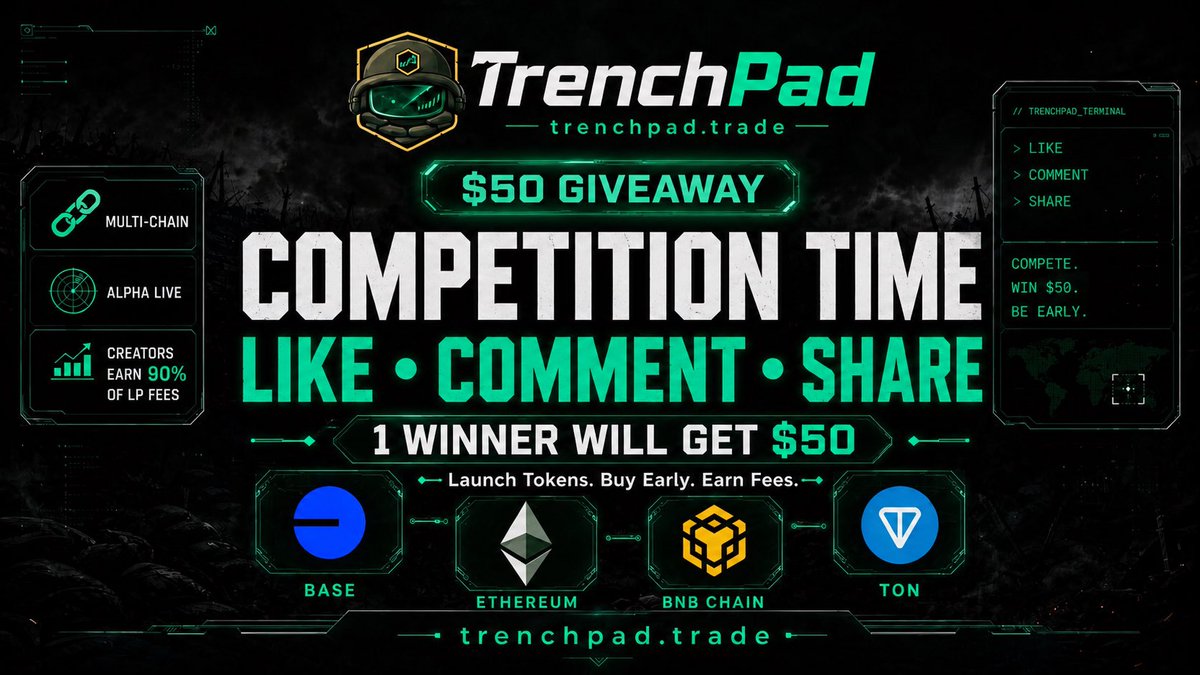 TrenchPadX's tweet photo. $50 GIVEAWAY 🪖

TrenchPad is now live on BASE • ETH • BNB • TON.

To enter:

✅ Like
✅ Comment
✅ Share / Repost

In 48 hours, I’ll choose 1 winner to receive $50.

Launch tokens. Buy early. Earn fees.

🪖 https://t.co/lV5N3VING8

#TrenchPad #TON #Base #BNB #Ethereum #DeFi #CryptoGiveaway