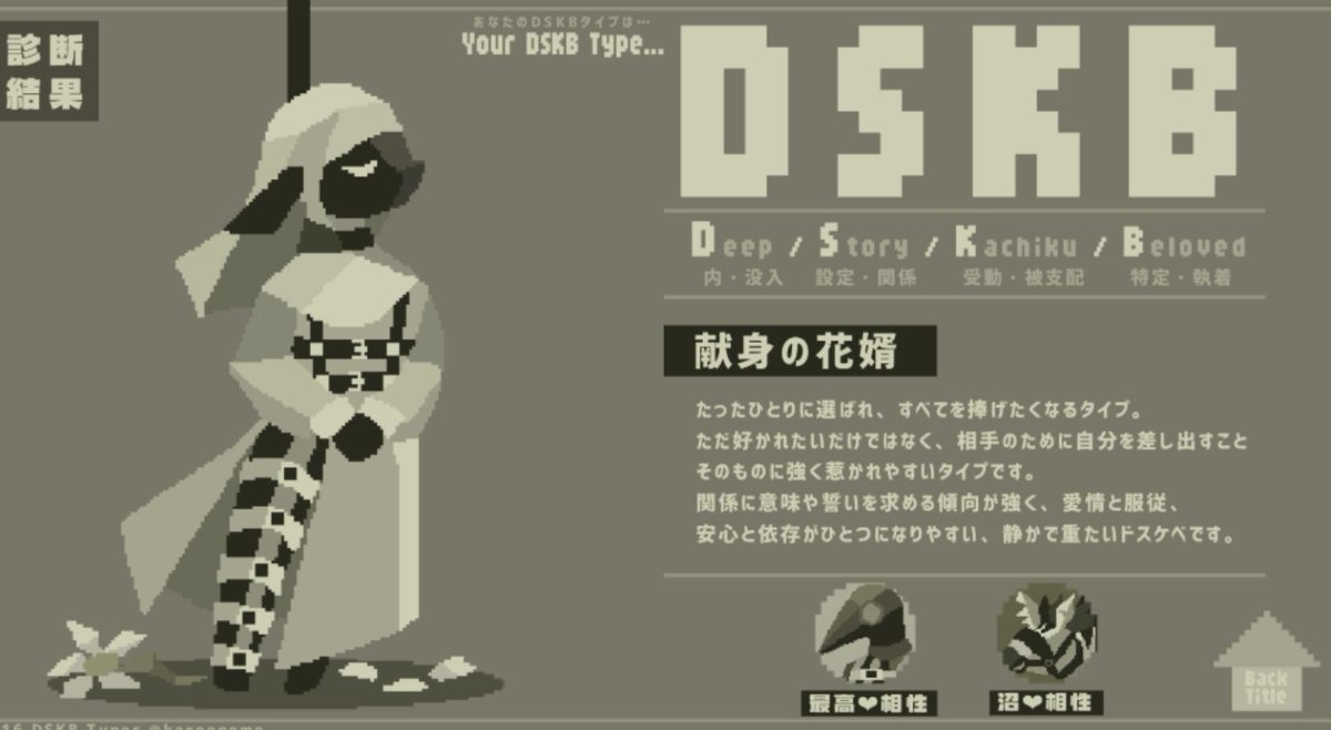 みんなから遅れてやってみたDSKB診断、自分ではM気質だと思ってるのにヤバイ奴Sティア―の「地下室の司祭」だった👀
え、ドS！？そんなわけ…って思ったら嫁のふむが「最高💓相性」で納得。仲良くなったのには理由があった！全て俺に捧げろ！！
<a href="/fumuuuuuuuu/">fumu</a>