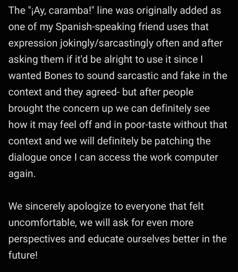 hankatun0921's tweet photo. There had been some valid concerns being brought up about one of Bones' lines in JCC Chapter 1 and some of the character writing thus far so we wanted to address it!

Thank you for providing your feedback and critique, we sincerely hope to improve and educate ourselves better! https://t.co/ZNxltS43B3