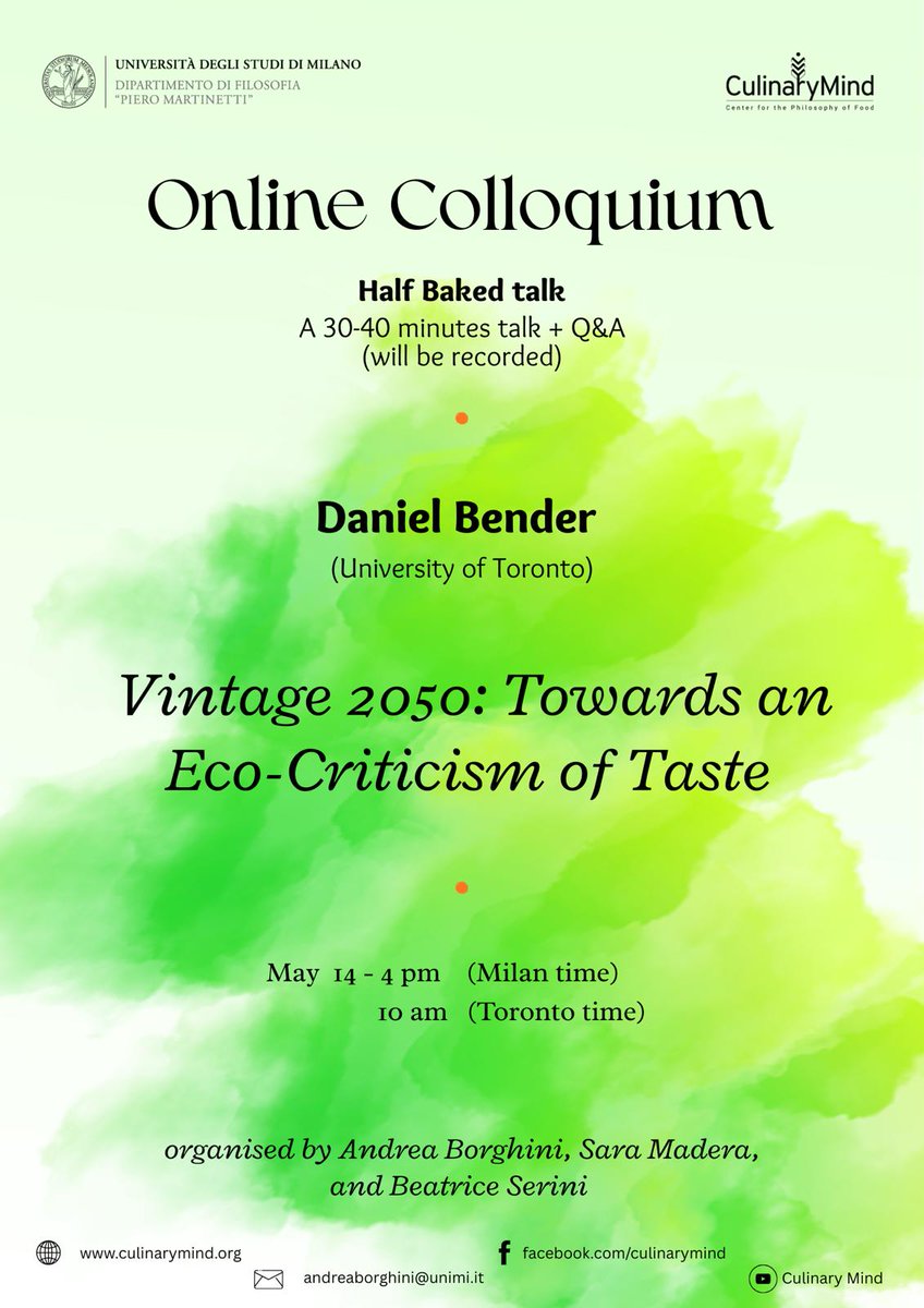MindCulinary's tweet photo. ✨ Don’t miss the last talk of our Online Event Series: a Colloquium with Daniel Bender presenting “Vintage 2050: Towards an Eco-Criticism of Taste”.

🗓️ May 14 at 4:00 PM (Milan Time)
🔗 Register here to join the event: https://t.co/4VJw9txJFl https://t.co/ZheOESit84