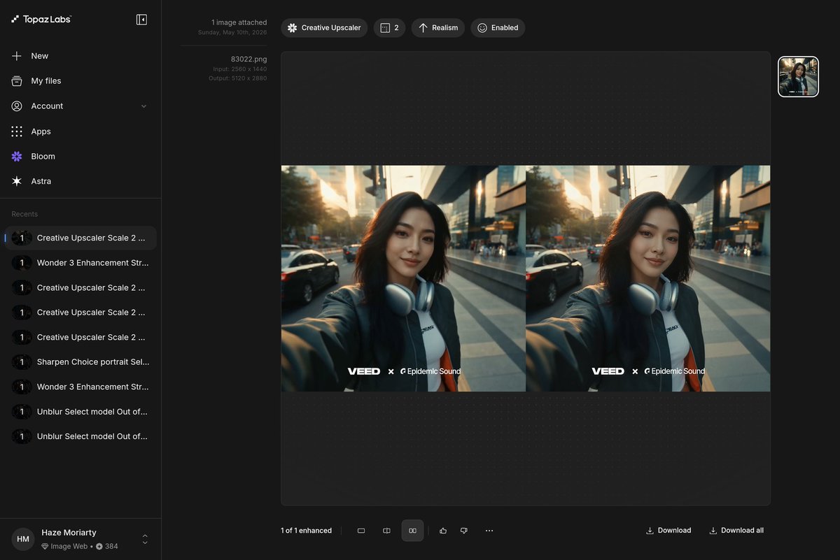 hazemoriartyy's tweet photo. Just tried the new Creative Upscaler on Topaz Image Web 

From 2560x1440 → 5120x2880 in seconds. The detail on hair, skin, and background is insanely natural.

This web version is actually insane. No install needed.

@topazlabs keep cooking! 🔥

#TopazLabs #AIUpscale #upscale https://t.co/n9KK7o2yKT
