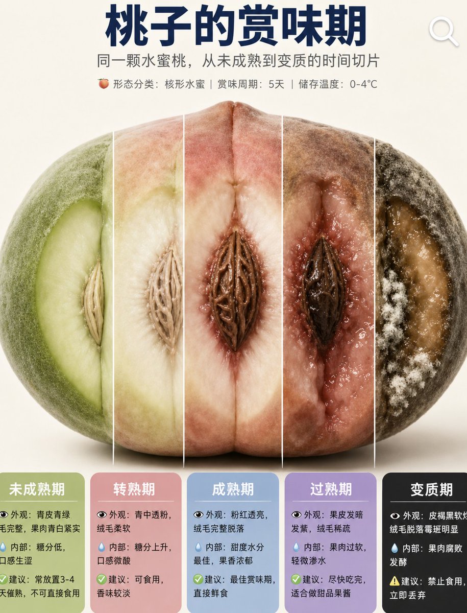 🍑未成熟：口感生涩 
🍑转熟期：口感微酸 
🍑成熟期：粉红透亮
🍑过熟期：绒毛稀疏
🍑变质期：皮褐黑软 https://t.co/qfm151FfO2