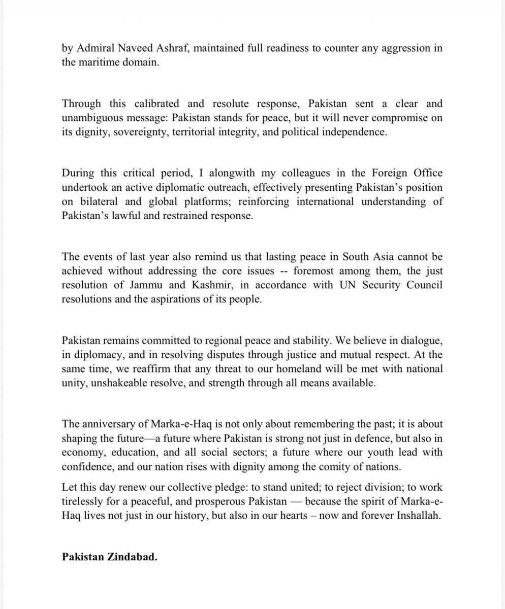 PakinIraq's tweet photo. Message by Deputy Prime Minister-Minister of Foreign Affairs Senator Mohammad Ishaq Dar on the First anniversary of Mark-e-Haq: https://t.co/ZEDLZ39Zc5
