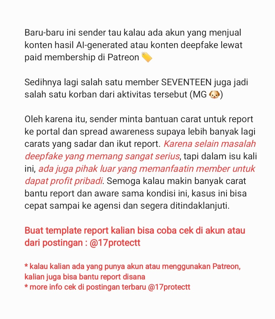 [17s] halo, carats ina 👋🏻 boleh minta waktunya bentar buat baca ini. kalau udah, please bantu buat report ya. buat info lengkap tentang caranya kalian bisa ke dua postingan terbaru @. 17protectt

x.com/i/status/20533…
