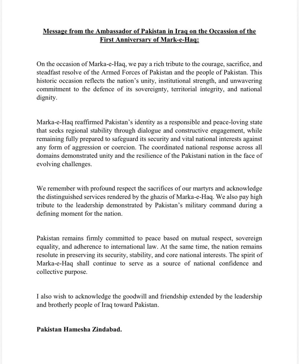 PakinIraq's tweet photo. Message from the Ambassador of Pakistan in Iraq on the occasion of the first anniversary of Mark-e-Haq: https://t.co/DLX6puN2le