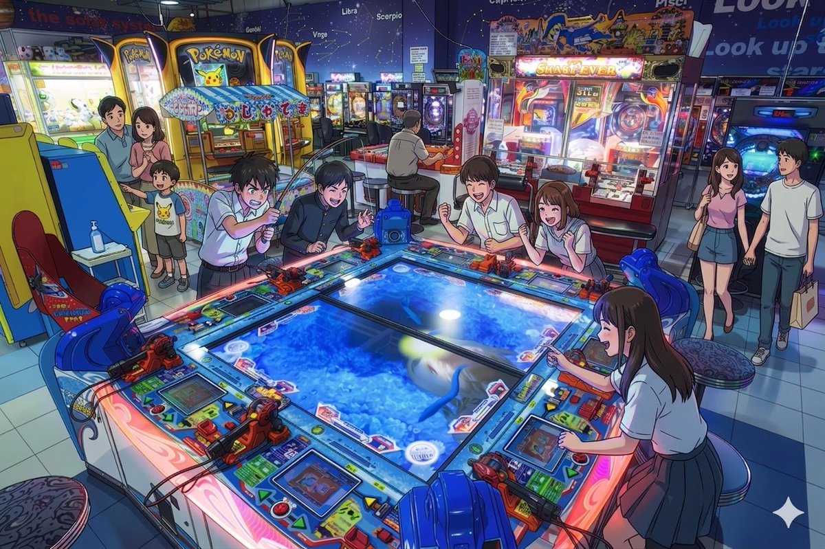 PLAM5428's tweet photo. 昔の当店をイラストにしてみました！！
まるでアニメの世界みたいですね！

※一部現在の設置機種とは異なります。 https://t.co/1vEsFEywi2