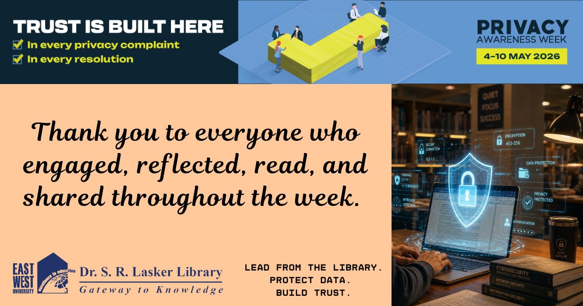 library_ewu's tweet photo. As Privacy Awareness Week 2026 comes to an end, our commitment continues. 
Let’s carry these conversations forward and continue to practice privacy — not just promise it.
𝑳𝒆𝒂𝒅 𝒇𝒓𝒐𝒎 𝒕𝒉𝒆 𝒍𝒊𝒃𝒓𝒂𝒓𝒚. 𝑷𝒓𝒐𝒕𝒆𝒄𝒕 𝒅𝒂𝒕𝒂. 𝑩𝒖𝒊𝒍𝒅 𝒕𝒓𝒖𝒔𝒕.

#PAW2026 https://t.co/JQ1yv2Kr6T