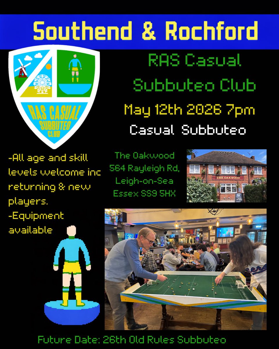 RAS_Subbuteo's tweet photo. Subbuteo is Go. Come have a flick in Leigh On Sea. We’ll be at The Oakwood on Tuesday from 7. Everyone is welcome #Subbuteo https://t.co/gBbtdHVF08