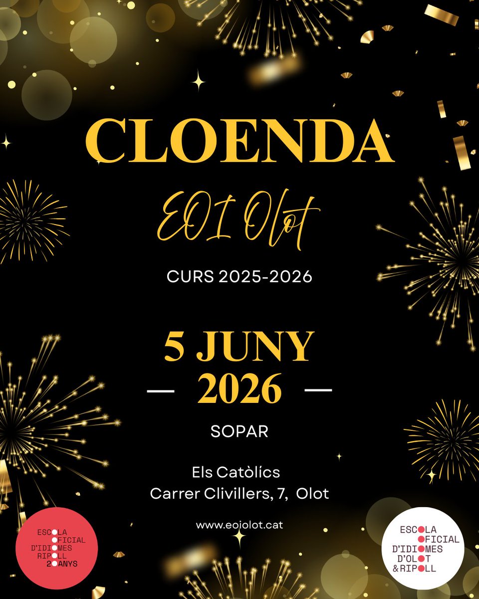 EOIOlot's tweet photo. 🎭 Cloenda EOI Olot – 5 de juny

Us esperem per celebrar plegats el final de curs amb una vetllada molt especial!
✨ Representació del grup de teatre de l’EOI
🍽 Sopar al restaurant Els Catòlics
🎉 I moltes sorpreses més!

No us ho perdeu! https://t.co/teOLR6mROa