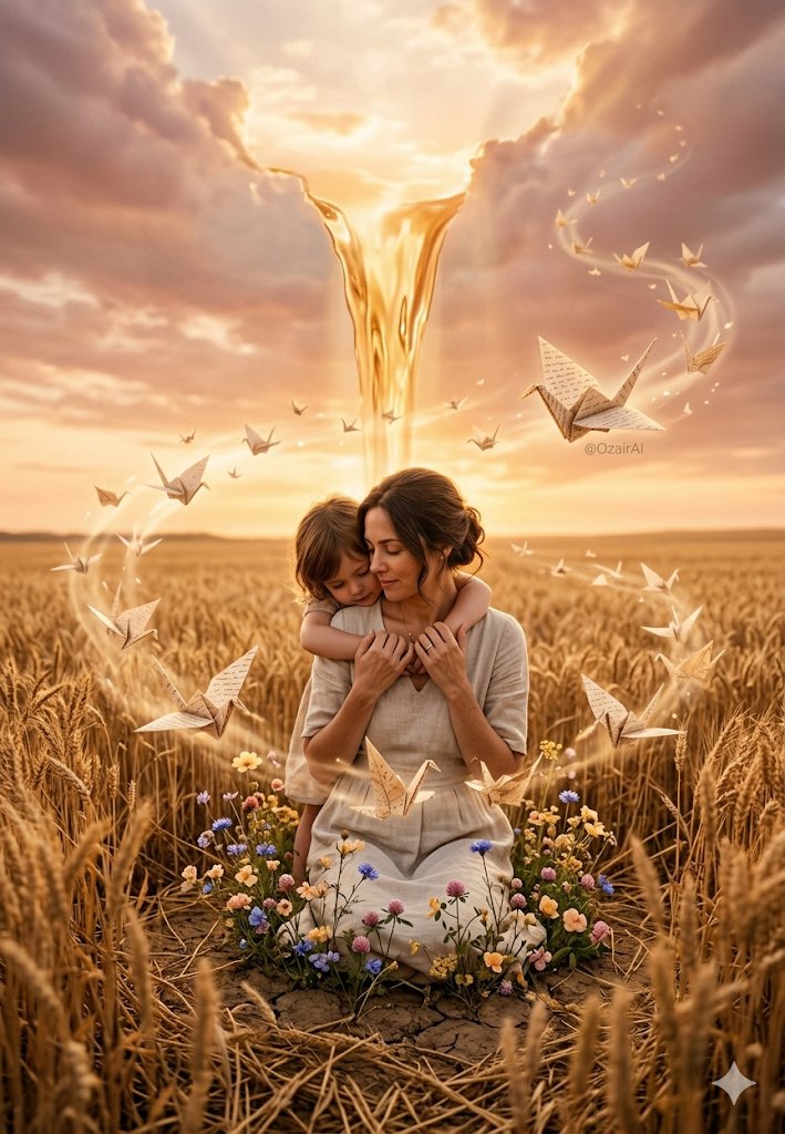 A breathtaking surreal editorial scene: a young mother kneel
