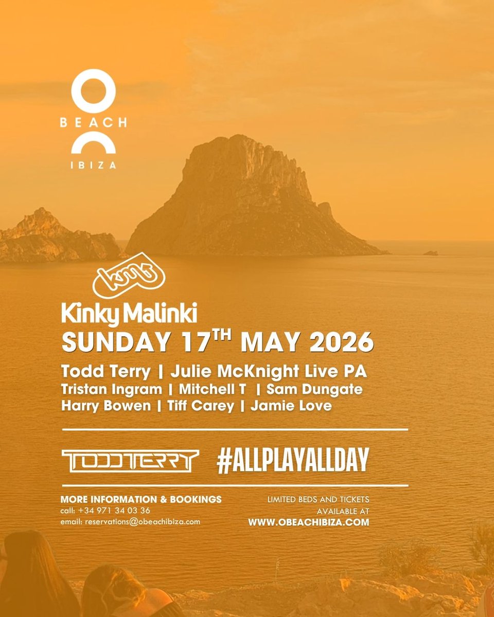 Kinky_Malinki's tweet photo. The party island is waiting! 🌴🔥 Our biggest opening party lineup to date. Two legends, Todd Terry 🎧 and Julie McKnight 🎤 (Live PA), plus a solid team of residents. 

Kinky Malinki Opening Party
Sunday 17th May 2026
At O Beach Ibiza

https://t.co/aMG1rceg6t https://t.co/0BTBUGbsBj