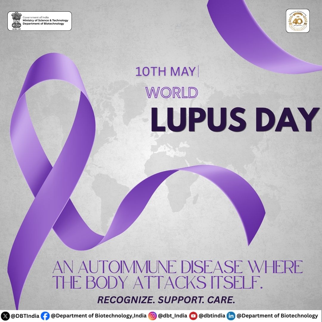 DBTIndia's tweet photo. 10th May | World Lupus Day 💜

Understand the fight. Support the journey. Spread the word.

​#LupusAwareness #SupportAndCare #IndiaFightsLupus

@DrJitendraSingh 
@rajesh_gokhale 
@BricDbt 
@ICMRDELHI @aiims_newdelhi @MoHFW_INDIA https://t.co/HukO3cjFFV
