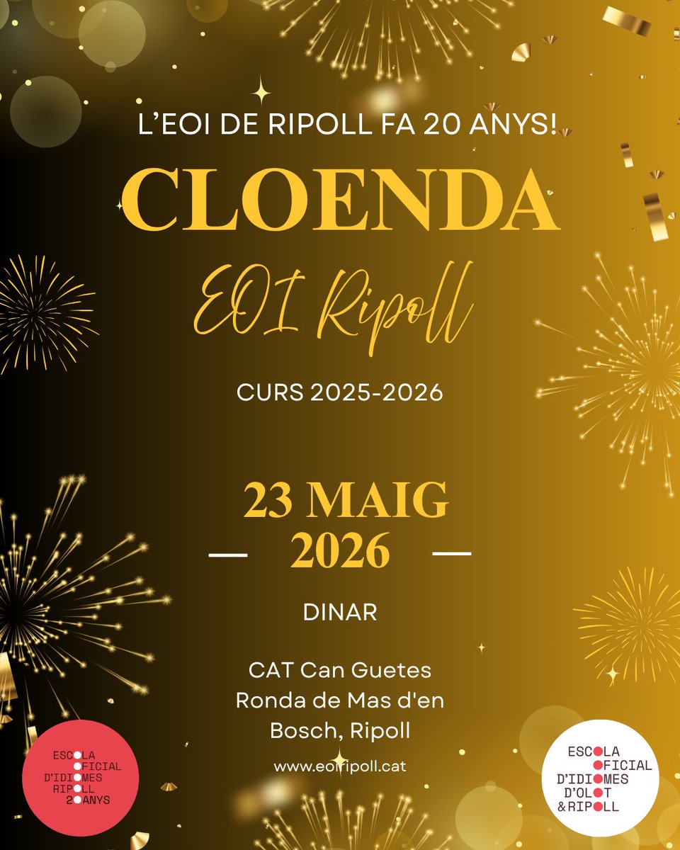 EOIRipoll's tweet photo. 📚 Cloenda EOI Ripoll – 23 de maig

Prepareu-vos per a una jornada plena d’activitats i bon ambient!
🇬🇧 Visita guiada en anglès i taller a l’Scriptorium
🍴 Dinar a Can Guetes
🎉 I moltes sorpreses més!
Us hi esperem! https://t.co/5YOy28s5jX