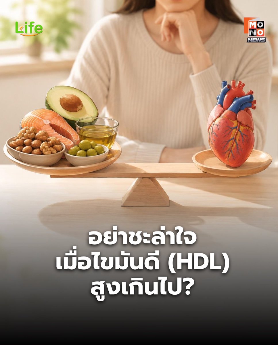 mononewsth's tweet photo. ❤️ ไขมันดี (HDL) สูงเกินไปใช่ว่าจะดี! ค่า HDL เท่าไหร่ถึงจะสมดุล?
.
หลายคนเชื่อว่าการมี "ไขมันดี" (HDL) ยิ่งสูงยิ่งช่วยป้องกันโรคหัวใจได้ดี แต่ในความเป็นจริง “อะไรที่มากเกินไปย่อมไม่ดี” เพราะหากค่า HDL พุ่งสูงเกินเกณฑ์มาตรฐาน มันอาจกลายเป็นดาบสองคมที่ส่งผลเสียต่อร่างกาย และเพิ่มความเสี่ยงต่อการอักเสบในหลอดเลือดได้โดยที่เราไม่รู้ตัว
.
🧐 ไขมันในร่างกายเรามาจากไหนบ้าง?
ไขมันในกระแสเลือดไม่ได้มาจากอาหารที่เรากินเพียงอย่างเดียว แต่แบ่งแหล่งที่มาได้ดังนี้
- ตับผลิตเอง: ประมาณ 70-80% ของไขมันทั้งหมดถูกสร้างขึ้นโดยตับของเรา
- อาหารที่กิน: อีกประมาณ 20% มาจากอาหารที่เราเลือกรับประทานในแต่ละวัน
.
🚛 หน้าที่ของ HDL ทำไมถึงเรียกว่า "ไขมันดี"?
HDL (High-Density Lipoprotein) ทำหน้าที่เสมือน "รถเก็บขยะ" ที่คอยวิ่งไปเก็บกวาดไขมันเลว (LDL) ออกจากผนังหลอดเลือดแล้วส่งกลับไปกำจัดผ่านตับ นอกจากนี้ยังช่วยลดการอักเสบของหลอดเลือด ทำให้ระบบหมุนเวียนเลือดทำงานได้ปกติ
.
⚖️ ค่า HDL เท่าไหร่ถึงจะสมดุล?
เพื่อให้ร่างกายแข็งแรงและลดความเสี่ยงโรคหัวใจ ควรมีระดับไขมันดีอยู่ในเกณฑ์มาตรฐาน คือ
- ผู้ชาย: 40-60 mg/dL
- ผู้หญิง: 50-60 mg/dL
.
⚠️ สัญญาณอันตราย! เมื่อ HDL สูงเกิน 80 mg/dL
หากผลตรวจเลือดแสดงค่า HDL มากกว่า 80 mg/dL อย่าเพิ่งดีใจ! เพราะนี่อาจเป็นสัญญาณเตือนว่าร่างกายมีปัญหาในการเผาผลาญไขมัน โดยเฉพาะในกลุ่มเหล่านี้
- กรรมพันธุ์: มีคนในครอบครัวมียีนที่สร้าง HDL มากผิดปกติ
- ผู้ป่วยเบาหวาน: บางครั้งค่า HDL สูงแต่ทำงานไม่มีประสิทธิภาพ
- ปัญหาที่ตับและถุงน้ำดี: ระบบเผาผลาญไขมันทำงานผิดปกติ ทำให้เกิดการอักเสบในร่างกาย
.
การมีสุขภาพดีไม่ได้แปลว่าต้องมีค่าใดค่าหนึ่งสูงที่สุด แต่คือการรักษาความสมดุล หากคุณพบว่าค่าไขมันดีสูงผิดปกติ แนะนำให้ปรึกษาแพทย์เพื่อตรวจเช็กอย่างละเอียดว่านั่นคือไขมันดีที่มีคุณภาพ หรือเป็นเพียง "ไขมันหลอกดี" ที่กำลังรอจังหวะทำร้ายสุขภาพคุณอยู่
.
ติดตามสาระสุขภาพดีๆ ในรายการ
Health Hacks
ดูย้อนหลังได้ที่แอป Monomax
.
#MONONEWS #HealthHacks #ไขมันดี
#HDL #ตรวจสุขภาพ #โรคหัวใจ #Monomax