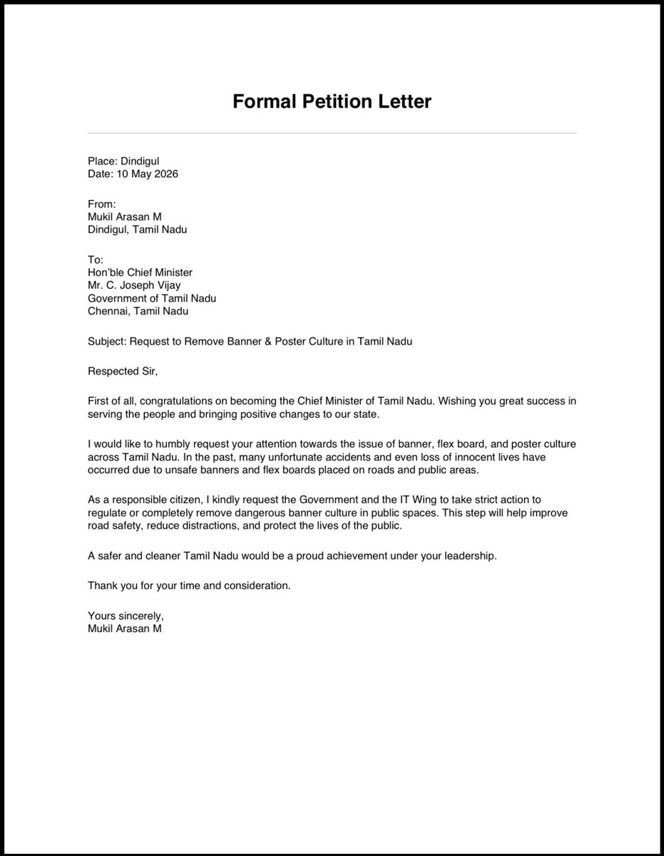 MukilBee's tweet photo. Congratulations to Hon’ble CM C. Joseph Vijay Sir🙏

Submitted a humble petition requesting action against dangerous banner &amp; flex culture in Tamil Nadu to prevent accidents and save lives.

@TVKVijayHQ @TVKHQITWingOffl @TVKPartyHQ @TVK_WORLD 

#TamilNadu #RoadSafety #BanFlex https://t.co/kc2qeHk4Zy