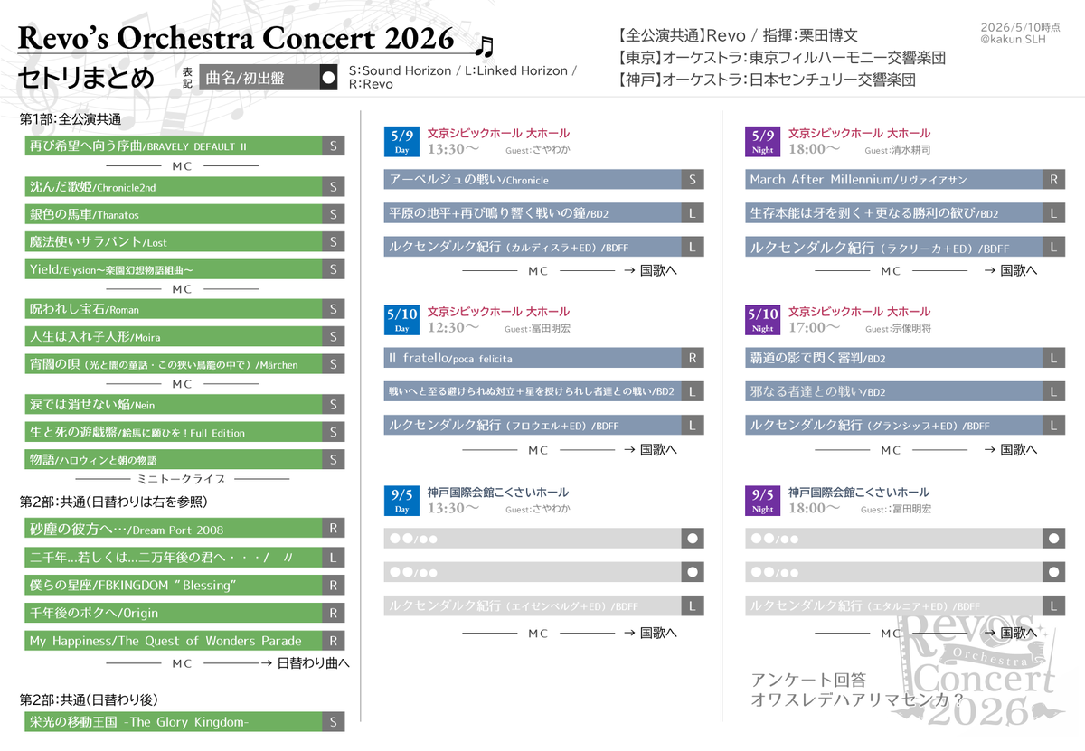 Revo‘s Orchestra Concert 2026 セトリまとめ（5/10時点）

#ROC2026
#ROC2026_0509昼
#ROC2026_0509夜
#ROC2026_0510昼
#ROC2026_0510夜
