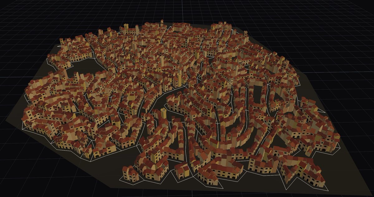 davidbmadsen's tweet photo. After 2,5 weeks in Italy, I got inspired to explore some procedural generation - this time of medieval cities, of course using @threejs 
 
The goal here is to emulate the organic look of cities that naturally occur when you build along to geographical constraints

The principle used builds on the same principle I used for my master's thesis back in 2020 - hyperstreamline tracing through noise-based tensor fields

This sounds very complicated but is not really. I might write an article on this if people are interested in the mechanics behind the generation

Pic 1: Current view of the generated city
Pic 2: Street network generation and lot subdivision
Pic 3: Building placement and packing
Pic 4: San Gimignano, Tuscany - the inspiration for this project
