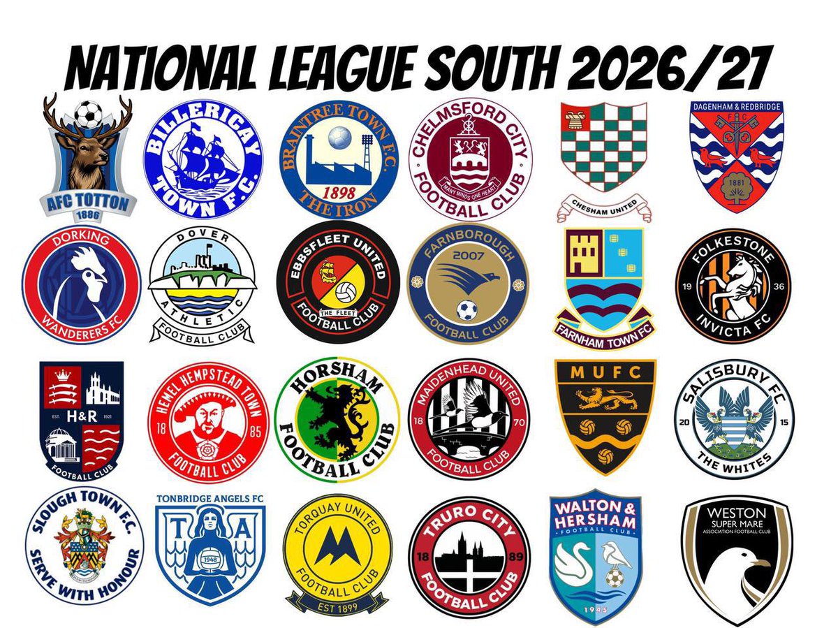 nonleaguesouths's tweet photo. Here’s how the National League South will lineup next season. What a collection of clubs we have here… I’ve no doubt this will once again be a fantastic league. Predictions gonna be near impossible! https://t.co/vcG85N6ajj