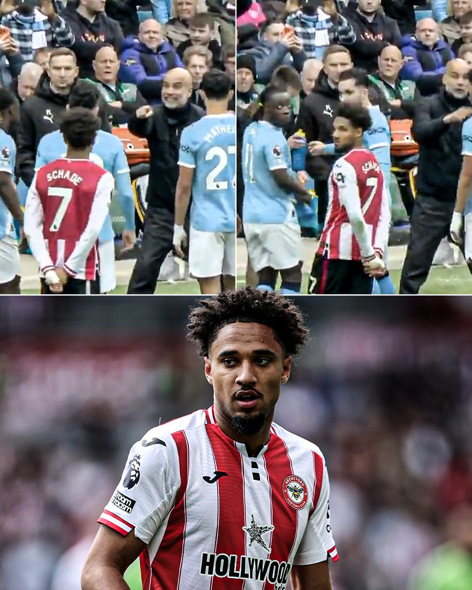 Kevin Schade randomly joining Pep Guardiola’s team talk during Manchester City vs Brentford 😆