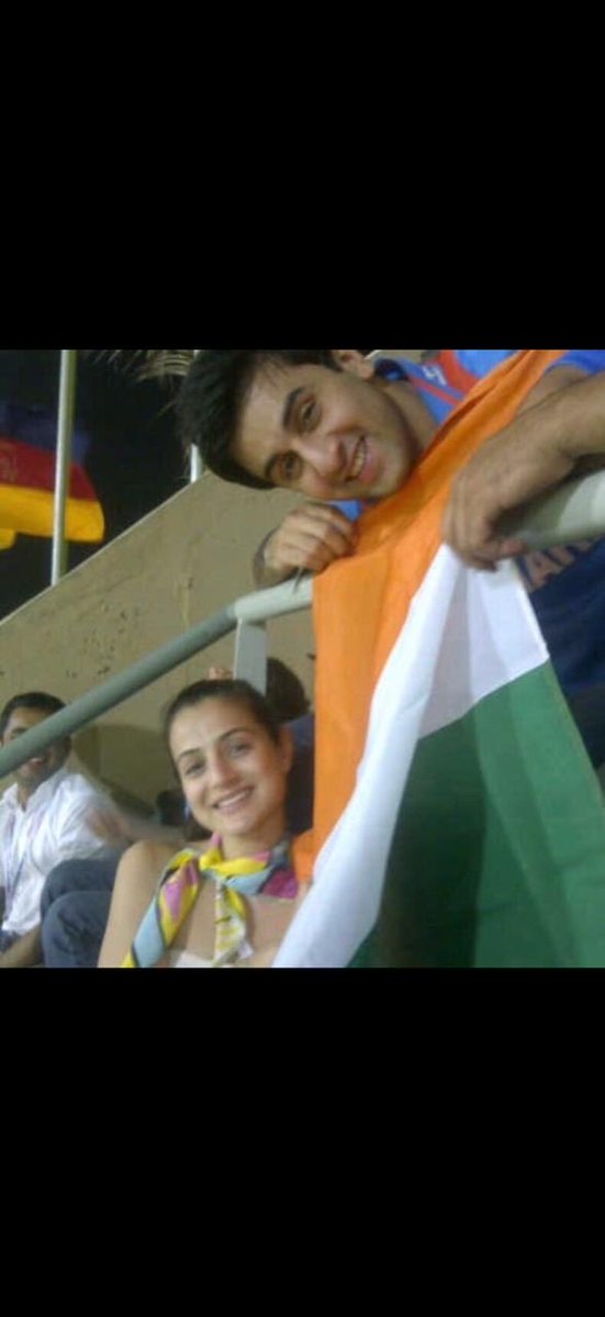 ameesha_patel's tweet photo. Thought I’d share a throwback after a long time!This was at the Wankhade Cricket Stadium-when INDIA under DHONI won the World Cup!Ranbir,Saif n few of us were all watching d match together n Ranbir n me -proudly holding up our National flag ecstatic at India’s Stupendous win!👍 https://t.co/TrZ0RmHWDG
