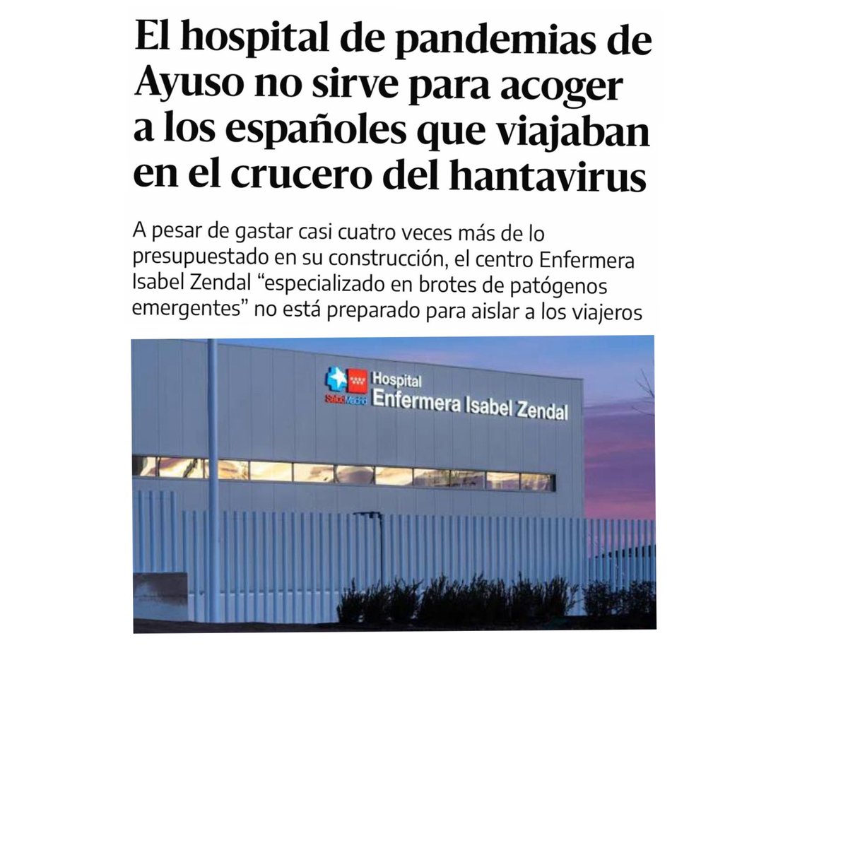 nexocoam's tweet photo. Este engendro que costó 170 mill€  “iba a asombrar al mundo en el tratamiento de pandemias infecciosas  gracias a estar junto al aeropuerto de Barajas” NO VALE PARA NADA. Además Ayuso se niega a que vengan los 14 españoles a cumplir la cuarentena. ¡CIRCULEN! @MadridDecadente https://t.co/eJEGJN18HM