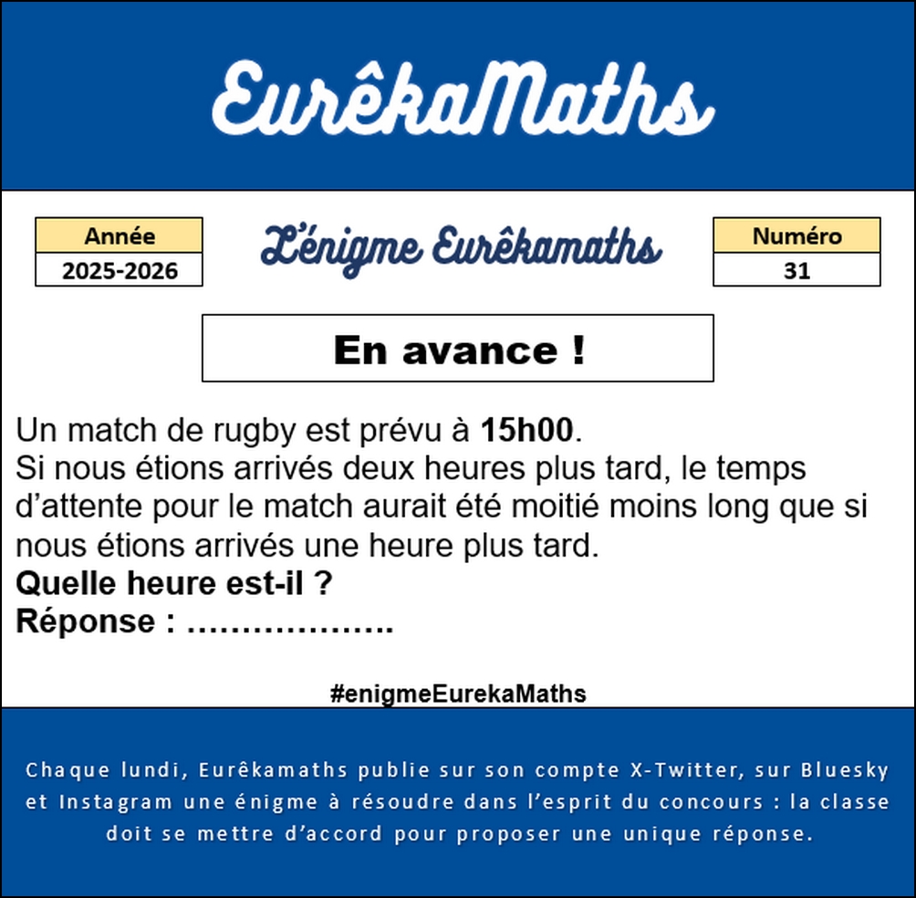 DefiEurekaMaths's tweet photo. Chaque lundi, l'#énigme #EurêkaMaths revient pour les élèves de #CM et de #6e. 
Aujourd'hui, l'#énigme n°31 : en avance.
Avec @Defieurekamaths, on s'entraide et on réussit ! Inscrivez-vous vite à #EurêkaMaths 2026, déjà + de 43000 élèves !  
Bientôt la finale 2026 ! https://t.co/g914XND63A