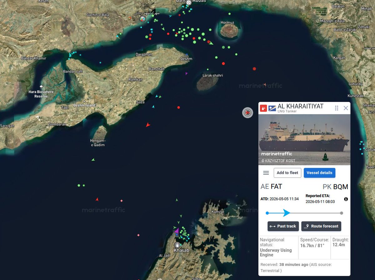 According to MarineTraffic and shipping data, the Qatari LNG carrier is navigating the Iran approved route near Larak Island en route to Port Qasim in Pakistan. If successful it would be the first Qatari LNG export through Strait of Hormuz since the war began in February.