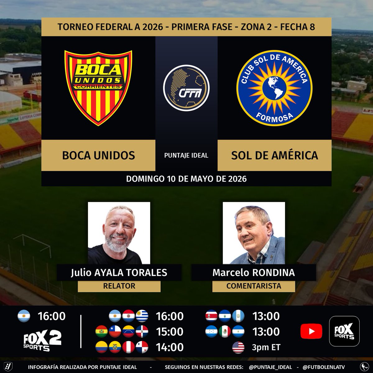 ⚽ #FederalA 🇦🇷 | #BocaUnidos vs. #SolDeAmérica
🎙️ Relator: <a href="/JulioAT/">Julio Ayala Torales</a> 
🎙️ Comentarista: <a href="/RondinaMarcelo/">Marcelo Rondina</a> 
📺 #FOX2 Argentina 🇦🇷 (<a href="/FOXSportsArg/">Fox Sports Argentina</a>)
💻📱 YouTube de <a href="/FOXSportsArg/">Fox Sports Argentina</a> 🌎
🤳 #FederalAxFoxSports - #FoxSportsArgentina
Dale RT 🔃