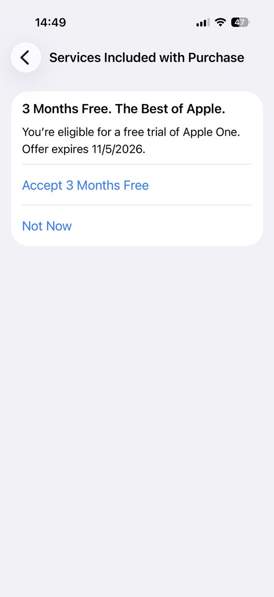 chonnk's tweet photo. @AppleSupport 

On 10 May 2026, I tried to activate the 3-month free Apple One trial that came with my new iPhone because the system still showed I was eligible until 11 May. https://t.co/pqW2C3YrgO