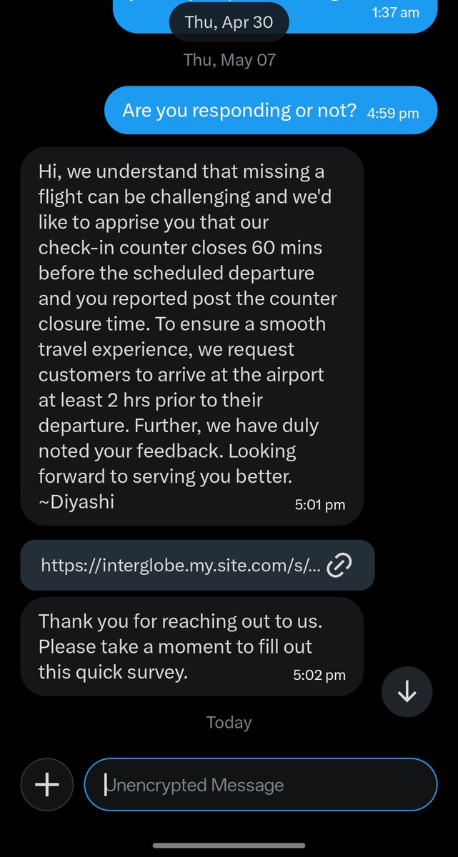 UnKnOwn0071407's tweet photo. This is the response from @IndiGo6E ,

But, I didn't carry any check-in luggage at that time. I just have a cabin baggage. If in case strict timings are to be followed, then why the next flight of mine to HYD which was supposed to take off at 19:10 hrs started the boarding of https://t.co/cdyFaUUqhr