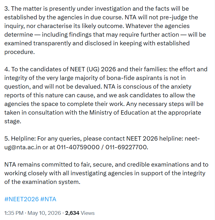 ANI's tweet photo. The National Testing Agency is aware of reports concerning the action initiated by the Rajasthan Special Operations Group in connection with alleged irregularities around NEET (UG) 2026. The following is placed on record for the information of candidates, parents, and the public: National Testing Agency (NTA)