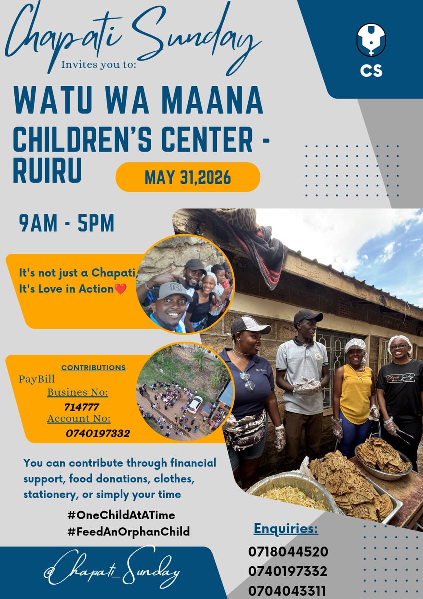 ChapatiSunday's tweet photo. Join us on 31st May as we visit Watu Wa Maana Children Centre in Ruiru. Love in action.
#ChapatiSunday
#OneChildAtaTime https://t.co/1n1tKS9XLa