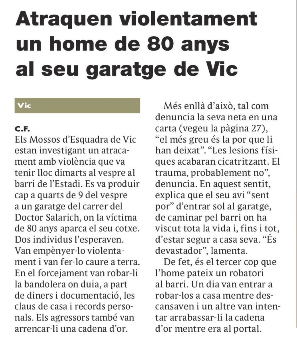 pauferran's tweet photo. Tres robatoris a un senyor de 80 anys a #Vic.

Espero que tots aquests salvatges siguin detinguts, jutjats i fulminament expulsats al seu país d’origen.

Recuperarem el seny i l’ordre a la nostra ciutat. 

#DefensemVic https://t.co/M9zPwB4sJf