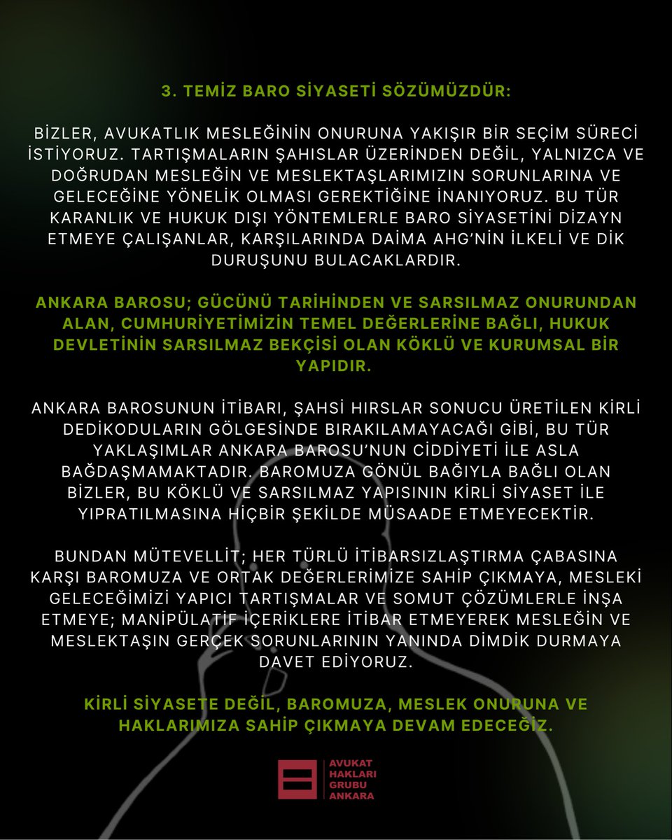 AHGAnkara's tweet photo. 📢 KAMUOYUNA DUYURUDUR.

📌 AHG Ankara olarak, temiz bir seçim süreci için, son süreçte tespit edebildiğimiz tüm trol hesapları engelledik. Yine son süreçte tespit edebildiğimiz kişilere de suç duyurusunda bulunduk.

📌 Hangi grup ya da kişiyle alakalı olduğuna bakmaksızın, birbirinden değerli insanların baromuz, mesleğimiz ve meslektaşlarımız için elini taşın altına koyarak demokratik bir yarışa girdiği bu süreçte bunun bir zorunluluk olduğunu düşünüyoruz.

Açıklamamızın tamamı için ▶️▶️

#AHGAnkara #ArtıkHareketeGeçmeli