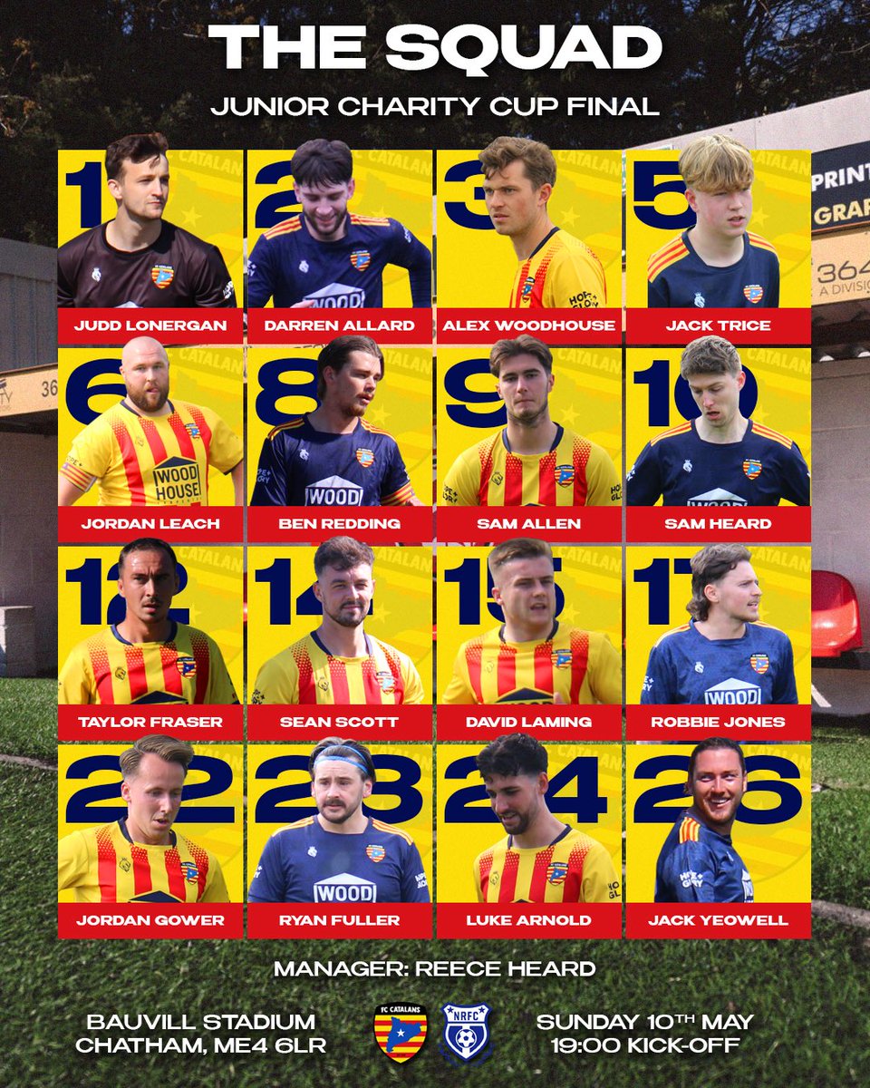 FCCatalansUK's tweet photo. It’s Cup Final Day!

The squad is locked in - we’ll give it everything!

Come down and get behind the boys

🏟��� Bauvill Stadium, ME4 6LR
⏰ 7:00PM 
🎟️ £5 adults, £2 seniors, U16’s free https://t.co/apdg3dZ0Hu