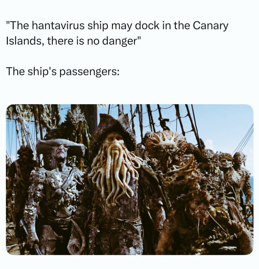 Er_Sandy_31's tweet photo. जिस जहाज पर hantavirus के मरीज थे, 
उस जहाज को Canary Islands पर उतरने की अनुमति मिल गई है .. 💀💀

जहाज के यात्रीयो ने कहा है कि
जिन व्यक्तियों को hantavirus से संक्रमण हुआ था, 
उन्हें जहाज से हटा दिया है,

और अब जहाज बिल्कुल सुरक्षित है .. 😂😂😂

#Hantavirüs #GlobalPandemic https://t.co/CLMnL9ZFZ9