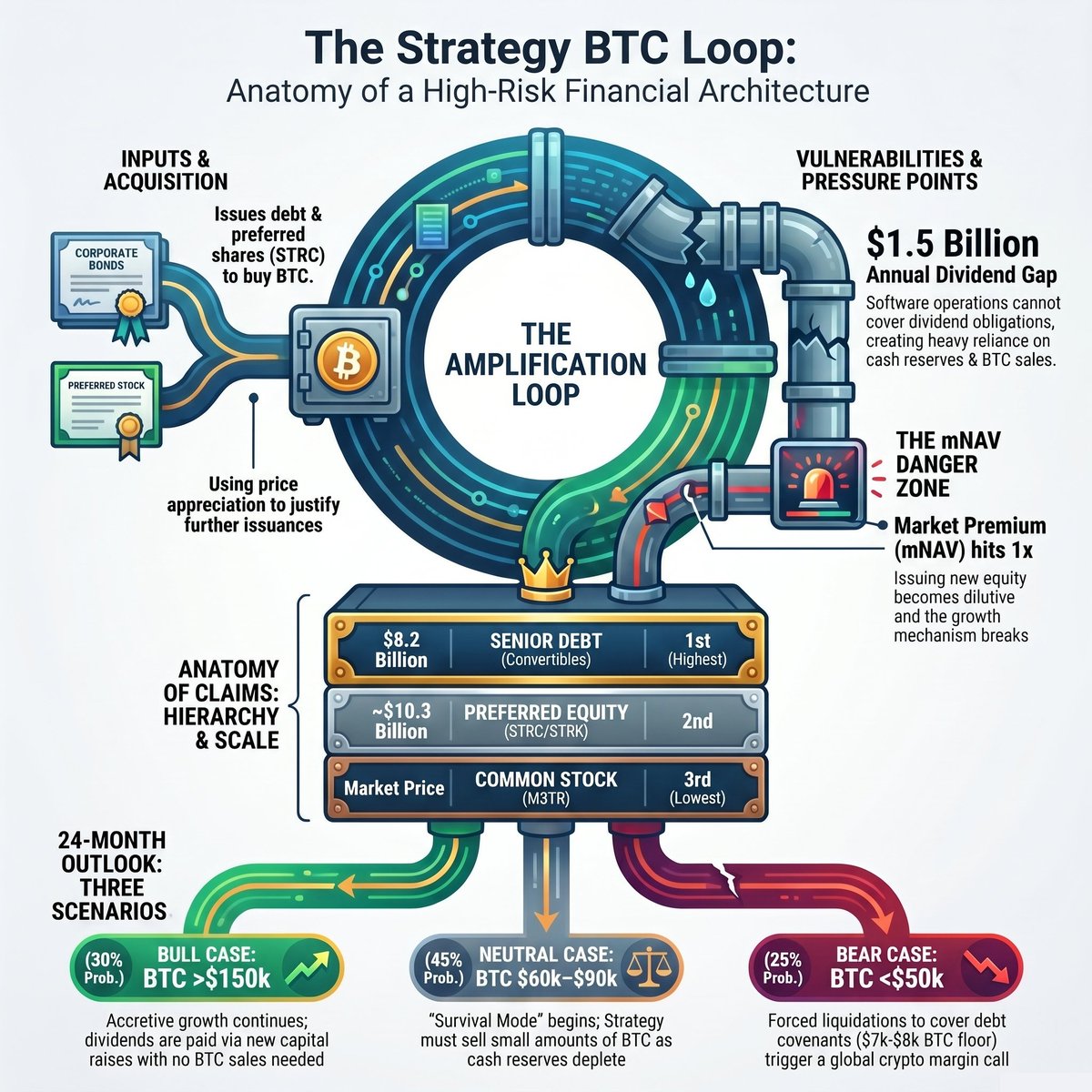STRATEGY (MSTR) ha ammesso che venderà #Bitcoin per pagare dividendi all'11,5%. Si tratta ormai di una architettura finanziaria da $50 miliardi costruita su un loop che si auto-distrugge.

Ecco perché dovresti preoccuparti — anche se non possiedi MSTR. 🧵👇 Thread di