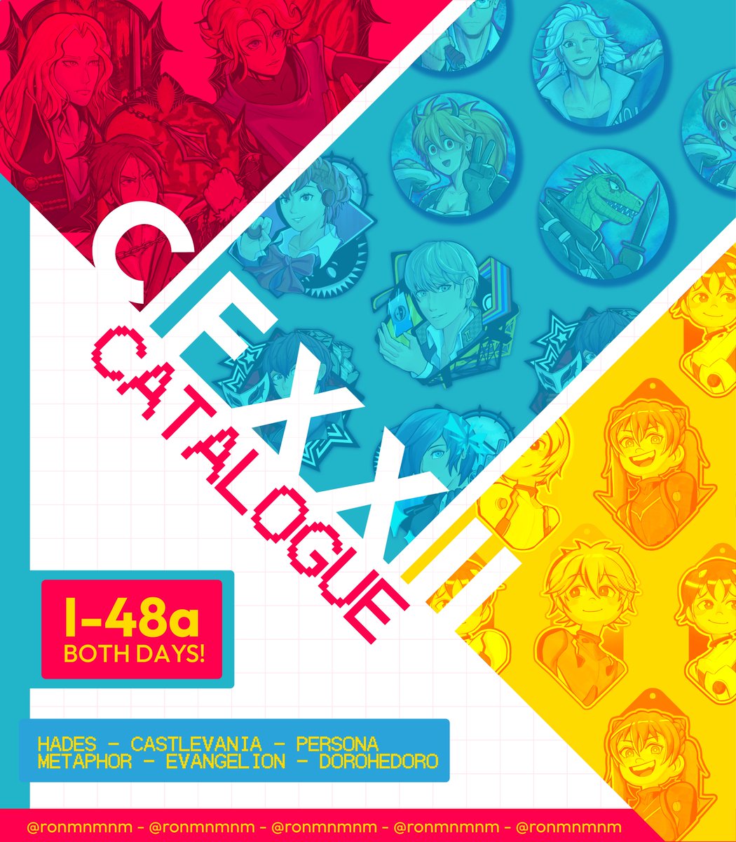 ronmnmnm's tweet photo. MY CF22 OTS CATALOGUE 💫
[🔁 &amp; 💟 are appreciated very much]

📍Booth Number [ I-48A ]
🗓️ 16-17 May, Both Days!
🛒 OTS Only! (May open aftersale!)

✨Castlevania, Persona Series, Dorohedoro, Neon Genesis Evangelion, Metaphor: ReFantazio, and Hades

#CF22 #CFXXII #Comifuro22 https://t.co/tkCcrYMqrh