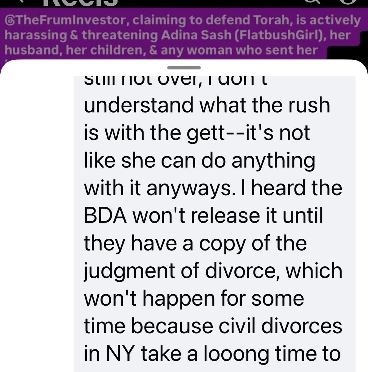 DrDanniellex2's tweet photo. @mberger260 @BerelSolomon Update - I am hearing that Motzei Shabbos (May 9, 2026), a follower of “FlatbushGirl” screamed at Raphi Stein in public & that Beis Din won’t release a Gett anyway until the civil case is resolved (civil case is actively in motion). Please stop all the #freeadeena craziness now. https://t.co/HlYVNfjaA9