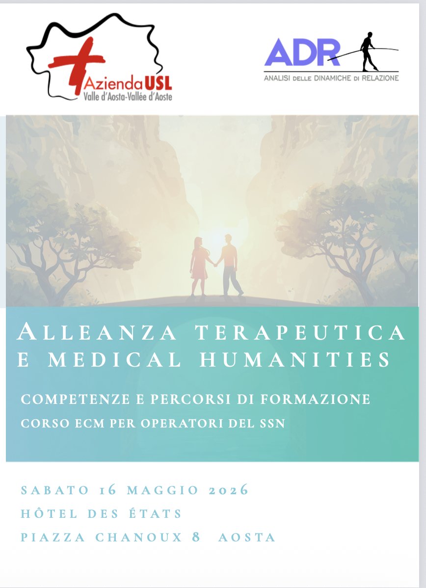 Mario_ADR's tweet photo. La tecnica da sola non basta. L'incontro terapeutico autentico si costruisce — e si impara.
Corso ECM gratuito · Aosta · 16 maggio 2026 👉 
Scarica programma al link https://t.co/m3K9jgZd8k
 #MedicalHumanities #FormazioneSanitaria #AlleanzaTerapeutica https://t.co/ZNf1yHqKwT