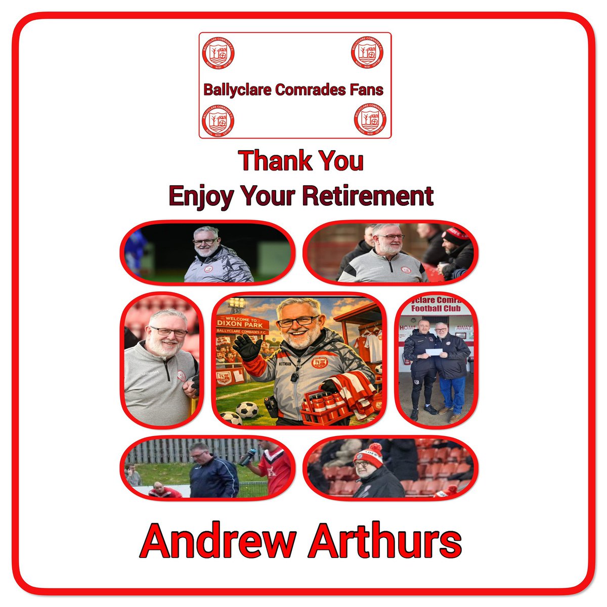 BallyclareComSC's tweet photo. We want to wish kitman Andy Arthurs all the best in his retirement and a massive thank you for everything he has done for our club over the years 

A true Comrade who gave everything for our club, he will be missed and will also be hard to replace
#ComradesThroughAndThrough https://t.co/uxib1vDiVo