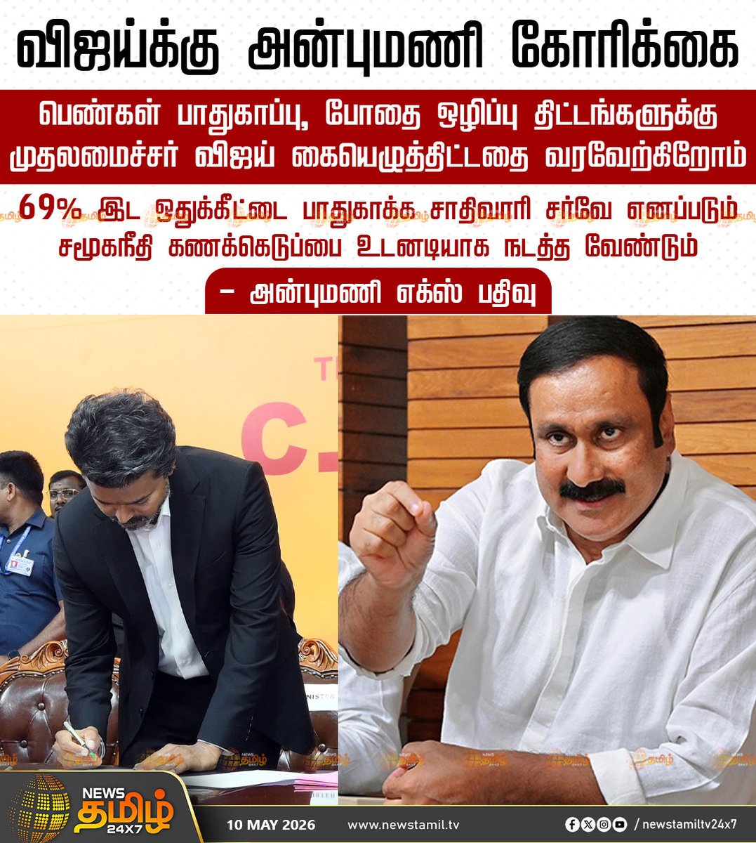 NewsTamilTV24x7's tweet photo. PMK Anbumani | விஜய்க்கு அன்புமணி கோரிக்கை

பெண்கள் பாதுகாப்பு, போதை ஒழிப்பு திட்டங்களுக்கு முதலமைச்சர் விஜய் கையெழுத்திட்டதை வரவேற்கிறோம்

69% இட ஒதுக்கீட்டை பாதுகாக்க சாதிவாரி சர்வே எனப்படும் சமூகநீதி கணக்கெடுப்பை உடனடியாக நடத்த வேண்டும் 

- அன்புமணி எக்ஸ் பதிவு

TVK Vijay | CM Vijay | ANBUMANI

#TamilnaduCM | #vijaypoliticalentry | #JosephVijay | #Newstamil24x7 | #Tamilnews | #TamilnaduPolitics | #TamilagaVetriKalagam | #VijayCM | #TVKMLA | #TVKCelebration