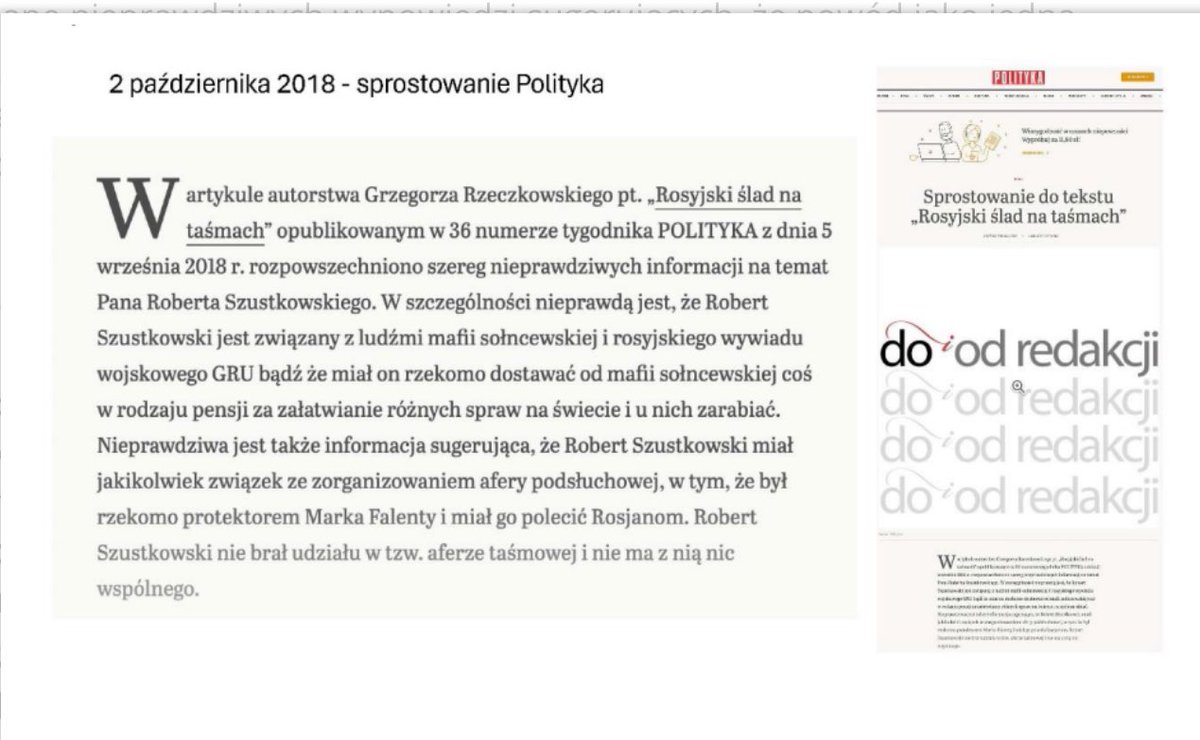 SzustkowskiPres's tweet photo. Sugestie o jakichkolwiek powiązaniach Pana Roberta Szustkowskiego z rosyjskimi służbam są całkowicie nieprawdziwe i pozbawione jakichkolwiek podstaw faktycznych. Co więcej, podlegały już ocenie sądów RP i kończyły się przeprosinami lub sprostowaniami. Pan Robert Szustkowski nie zna również Pana Adama Glapińskiego.

Rozpowszechnianie takich treści w przestrzeni publicznej, w szczególności w Internecie, może stanowić naruszenie dóbr osobistych oraz wypełniać znamiona przestępstwa zniesławienia, o którym mowa w art. 212 Kodeksu karnego.

Biuro podejmie działania prawne zmierzające do ustalenia tożsamości autora wpisu oraz zabezpieczenia materiału dowodowego.

Debata publiczna powinna opierać się na faktach – nie na pomówieniach.